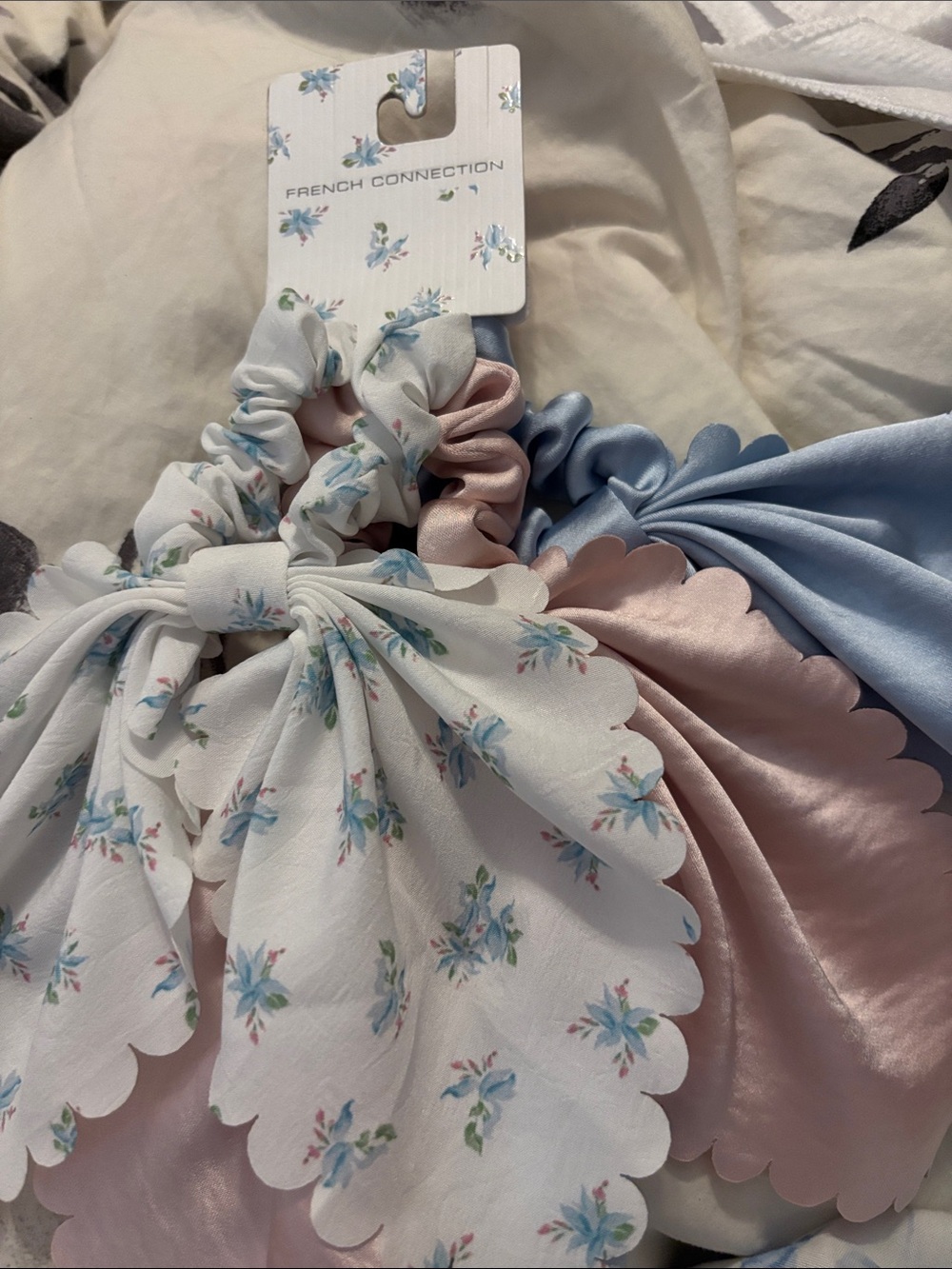 French Connection Floral & Satin scarf Scrunchie Trio - White, Pink & Blue